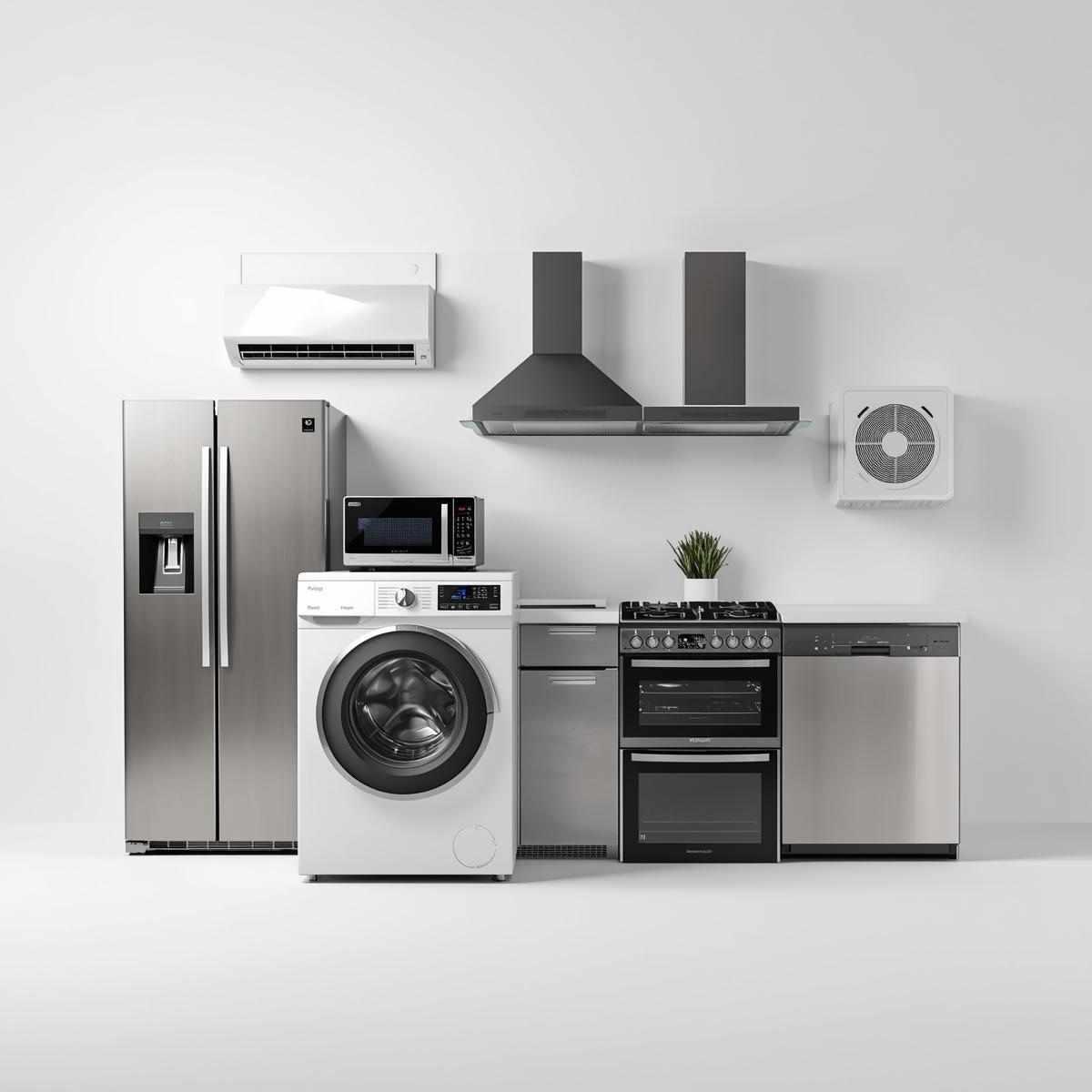 About 1 Domestic home appliances including refrigerators, washing machines, microwaves, air conditioners, chimneys, hobs, dishwashers, dryers, and LED/LCD TVs displayed in a modern kitchen setting – Appliance Service India