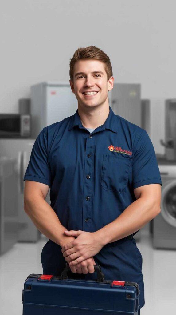 About 2 Appliance Service India professional technician standing confidently in front of domestic appliances including refrigerators, washing machines, ACs, microwaves, dishwashers, and ovens, ready to provide home appliance repair services