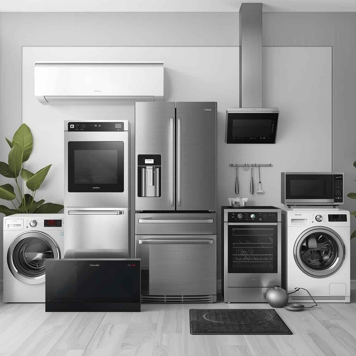 About 3 A modern display of domestic home appliances including refrigerators, washing machines, microwaves, air conditioners, chimneys, hobs, dishwashers, dryers, and LED/LCD TVs in a stylish living room or kitchen setting – Appliance Service India