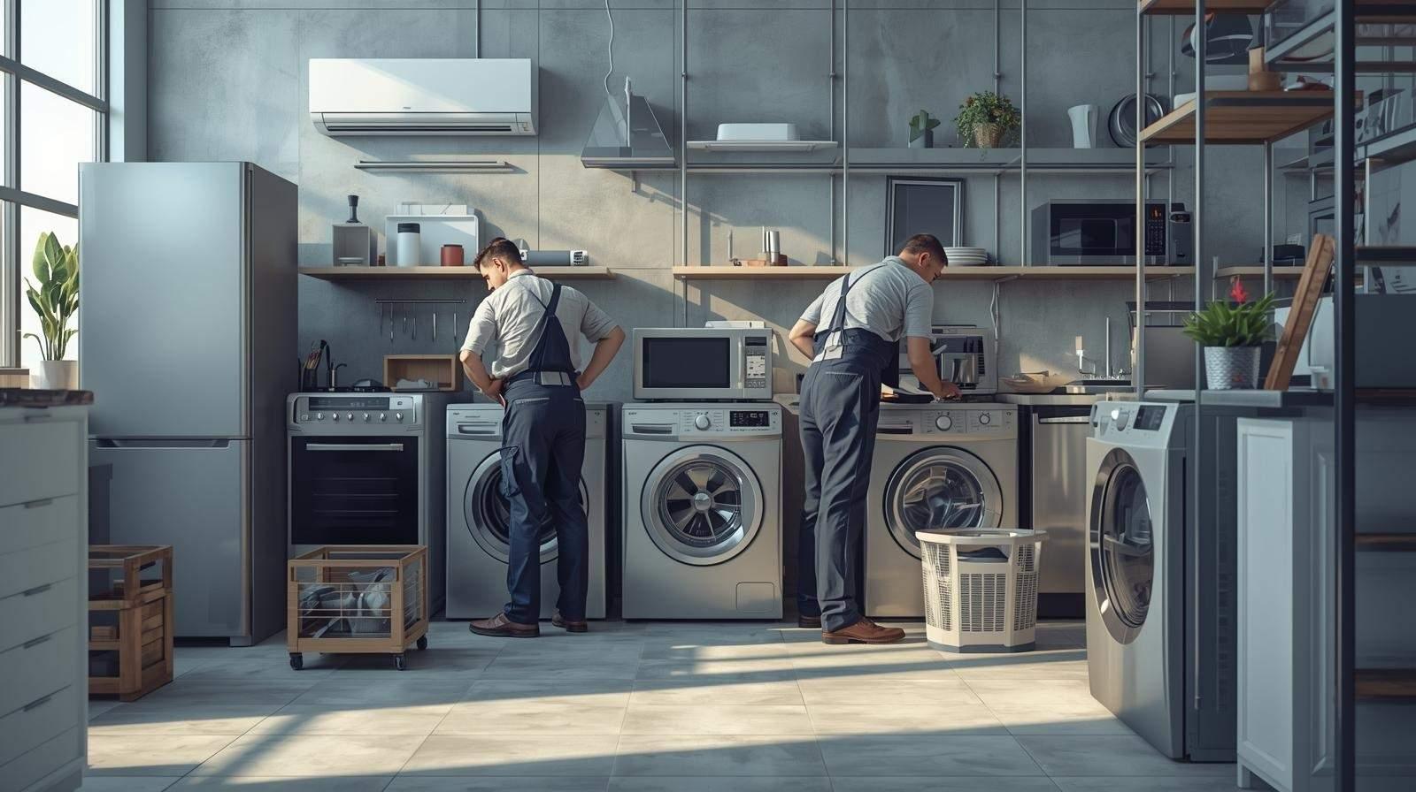 Two to three professional home appliance repair technicians working on refrigerators, washing machines, microwaves, air conditioners, dishwashers, LED/LCD TVs, chimneys, hobs, and dryers inside a modern service center or customer home – Appliance Service India